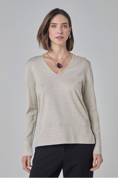 Blusa decote v em tricot melange bege