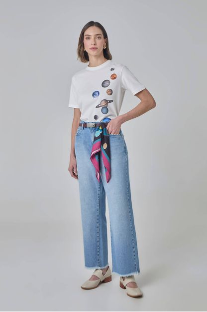 Calça reta com bandana em denim azul médio
