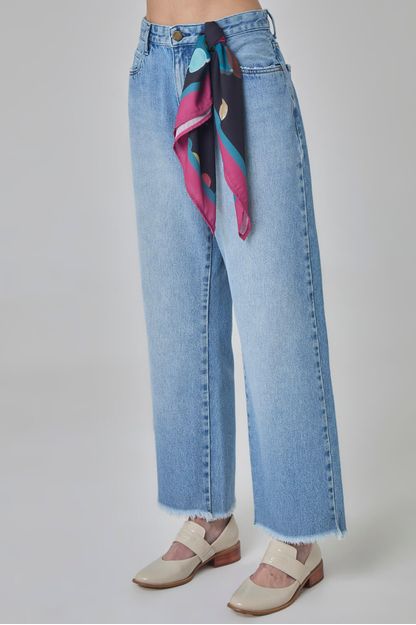 Calça reta com bandana em denim azul médio