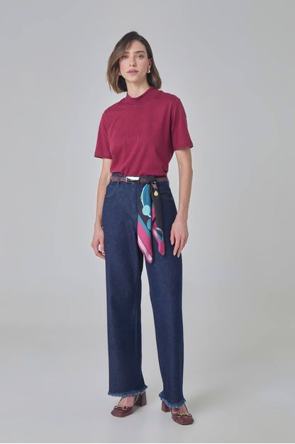 Calça reta com bandana em denim azul escuro