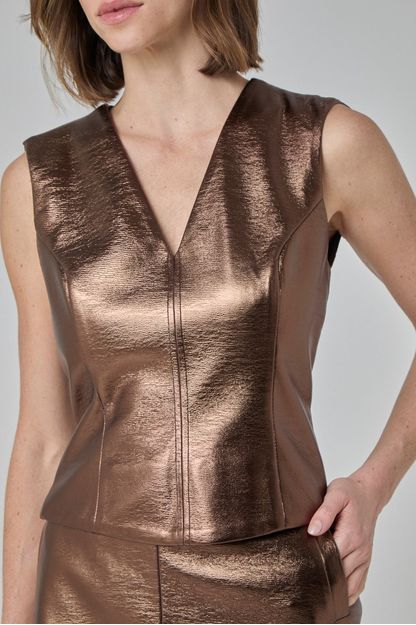 Regata decote v em foil com tricot nas costas bronze