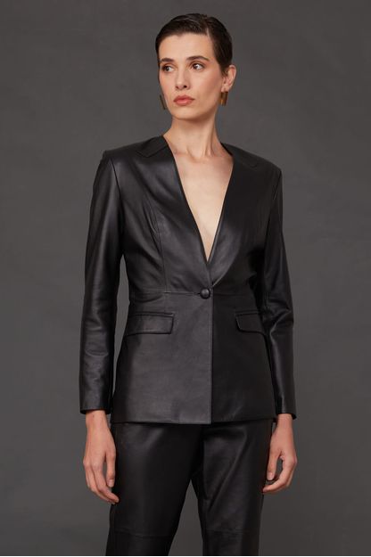 Blazer de couro sem gola preto