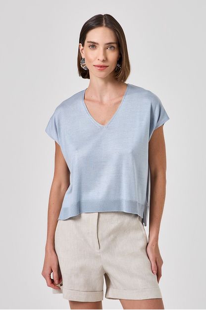 Blusa box decote v em tricot azul