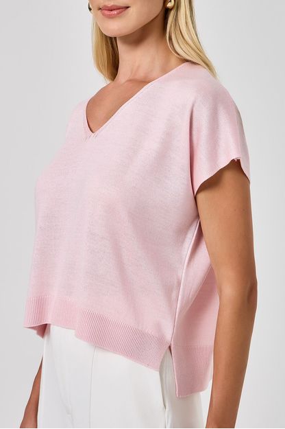 Blusa box decote v em tricot rosa