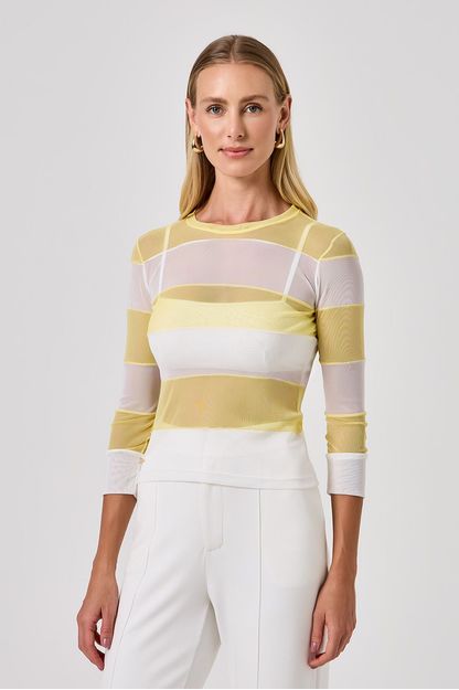 Blusa segunda pele listras em tule amarelo