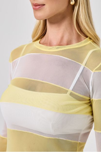 Blusa segunda pele listras em tule amarelo