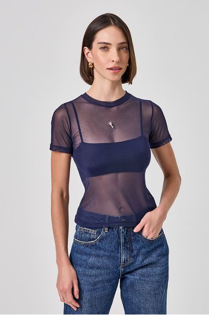 Blusa segunda pele manga curta em tule marinho