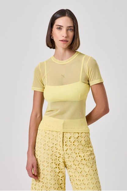 Blusa segunda pele manga curta em tule amarelo