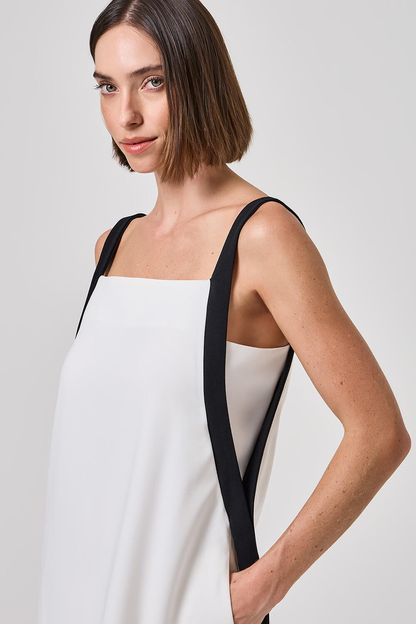 Vestido decote canoa fitas rib stretch off white