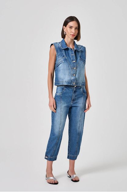 Calça clochard recortes jeans azul médio