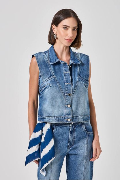 Colete recortes jeans azul médio