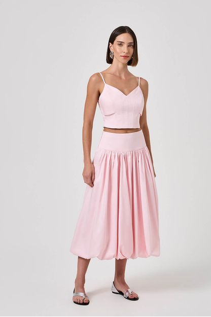 Saia midi balonê em tricoline rosa