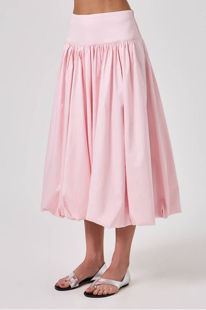Saia midi balonê em tricoline rosa