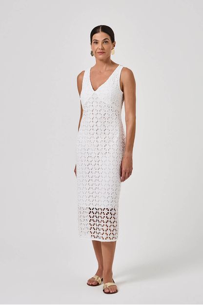 Vestido midi decote v em laise nautilus off white