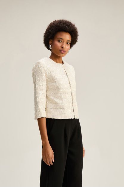 Spencer com manga em tweed paetê