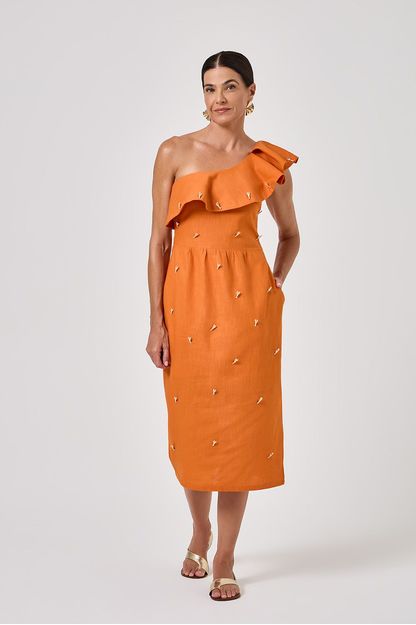 Vestido ombro só em linho lagostim laranja