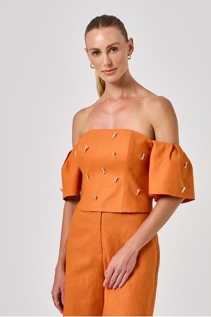 Top manga babado em linho lagostim laranja