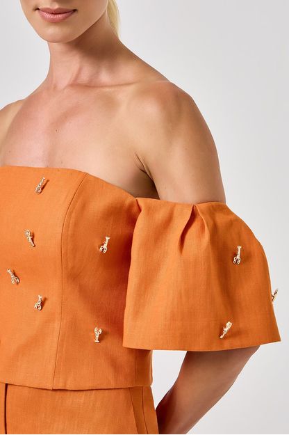 Top manga babado em linho lagostim laranja