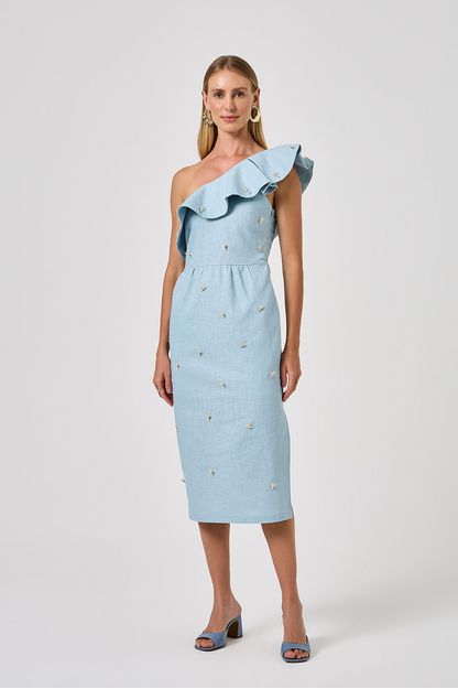 Vestido ombro só em linho lagostim azul
