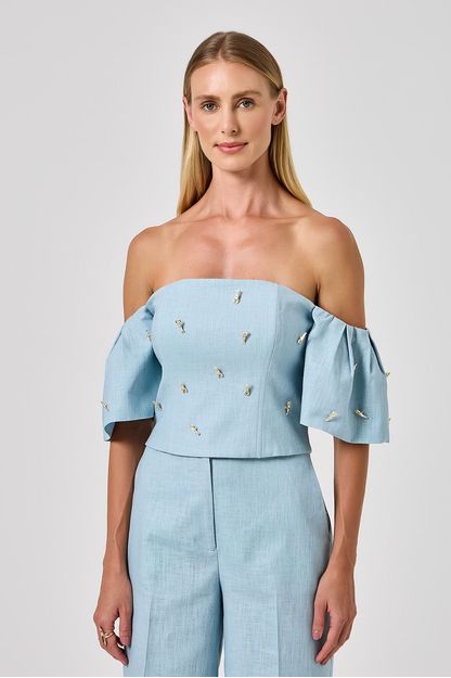 Top manga babado em linho lagostim azul