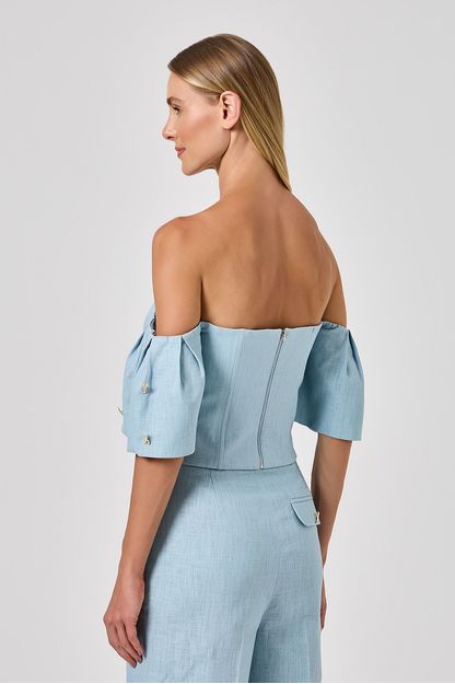 Top manga babado em linho lagostim azul