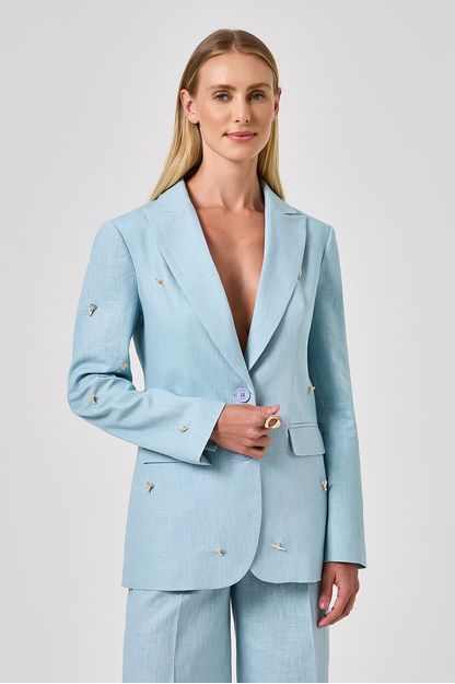 Blazer alongado em linho lagostim azul