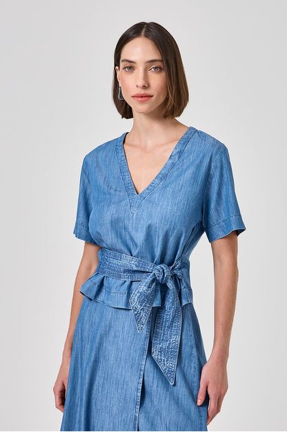 Blusa gola v com amarração em denim
