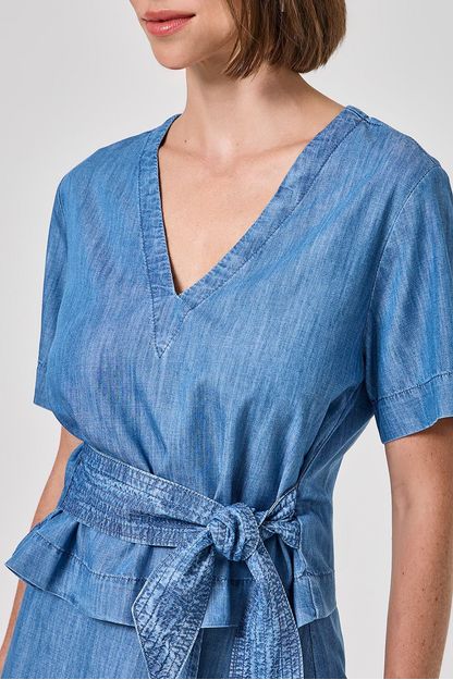 Blusa gola v com amarração em denim
