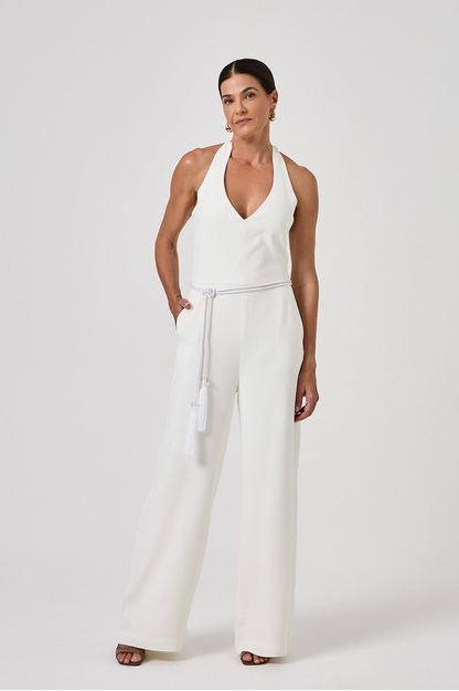 Macacão frente única em crepe off white