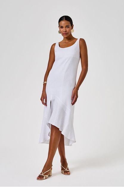 Vestido longo saia babado linho liso branco