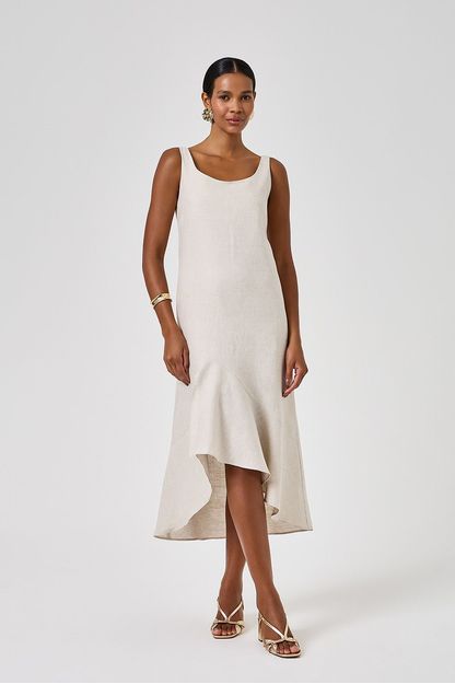 Vestido longo saia babado linho liso natural