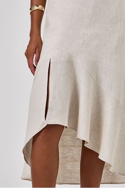 Vestido longo saia babado linho liso natural