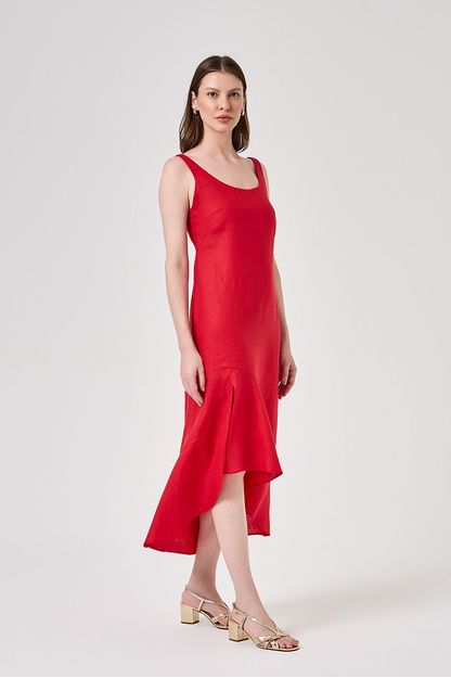 Vestido longo saia babado linho liso vermelho