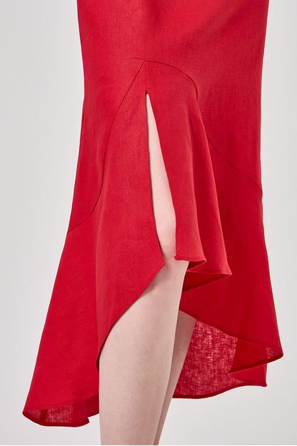 Vestido longo saia babado linho liso vermelho