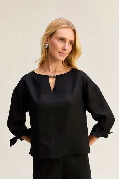 Blusa box manga nó em linho preta
