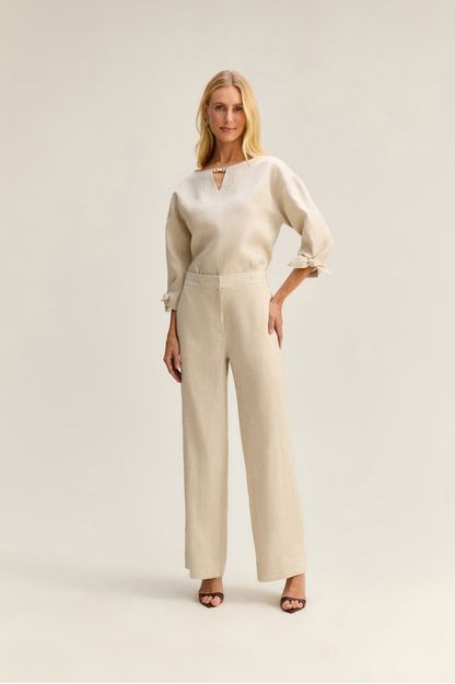 Calça reta em linho bege